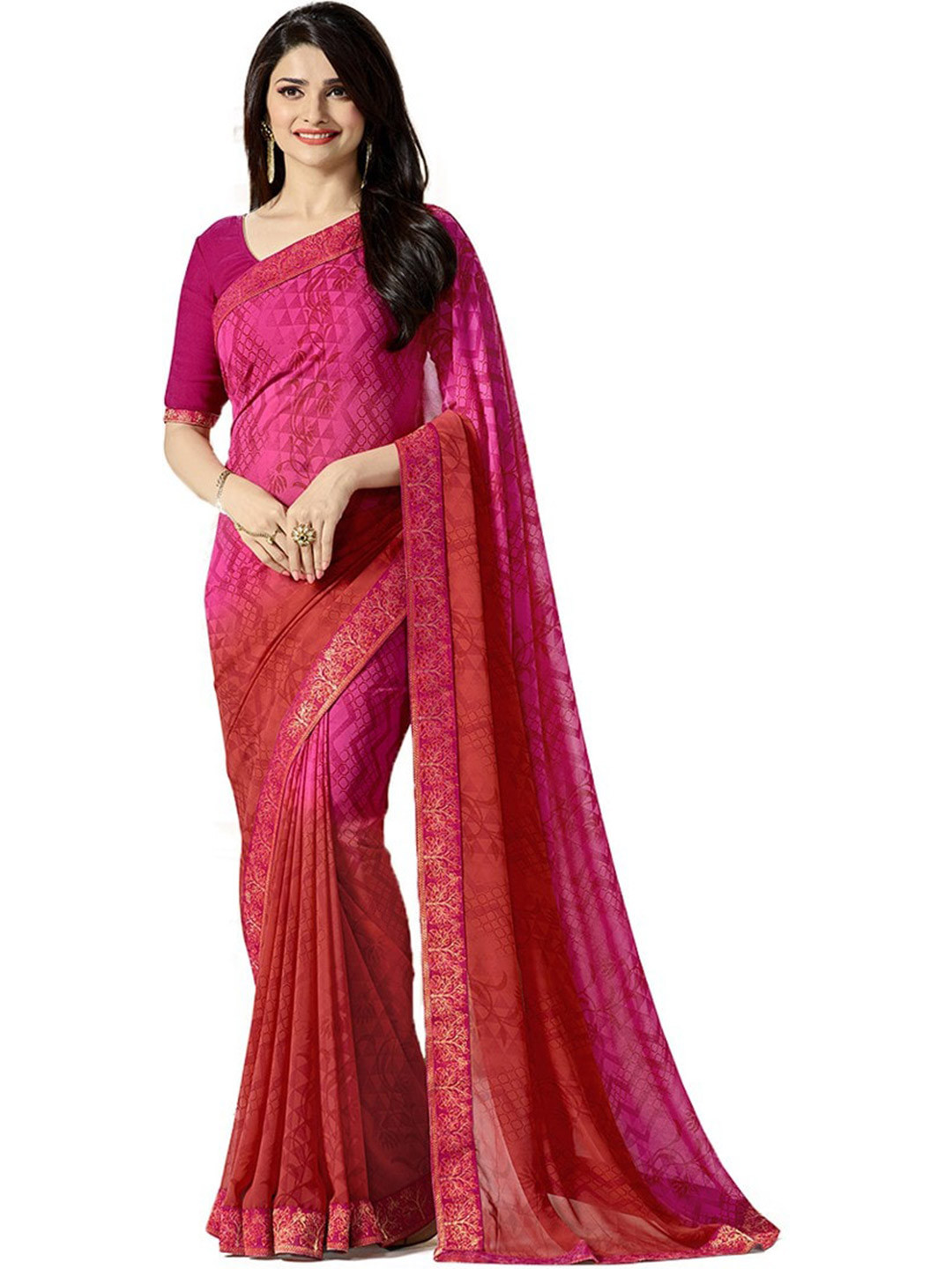 

ROOP SUNDARI SAREES Geometric Printed Zari Georgette Saree, Pink