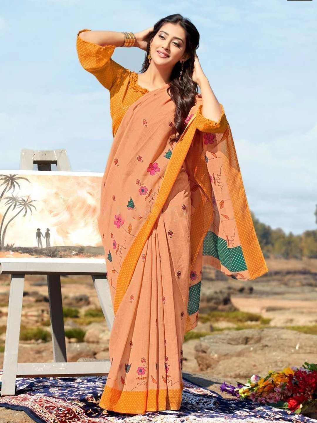 

ROOP SUNDARI SAREES Floral Printed Georgette Saree, Orange