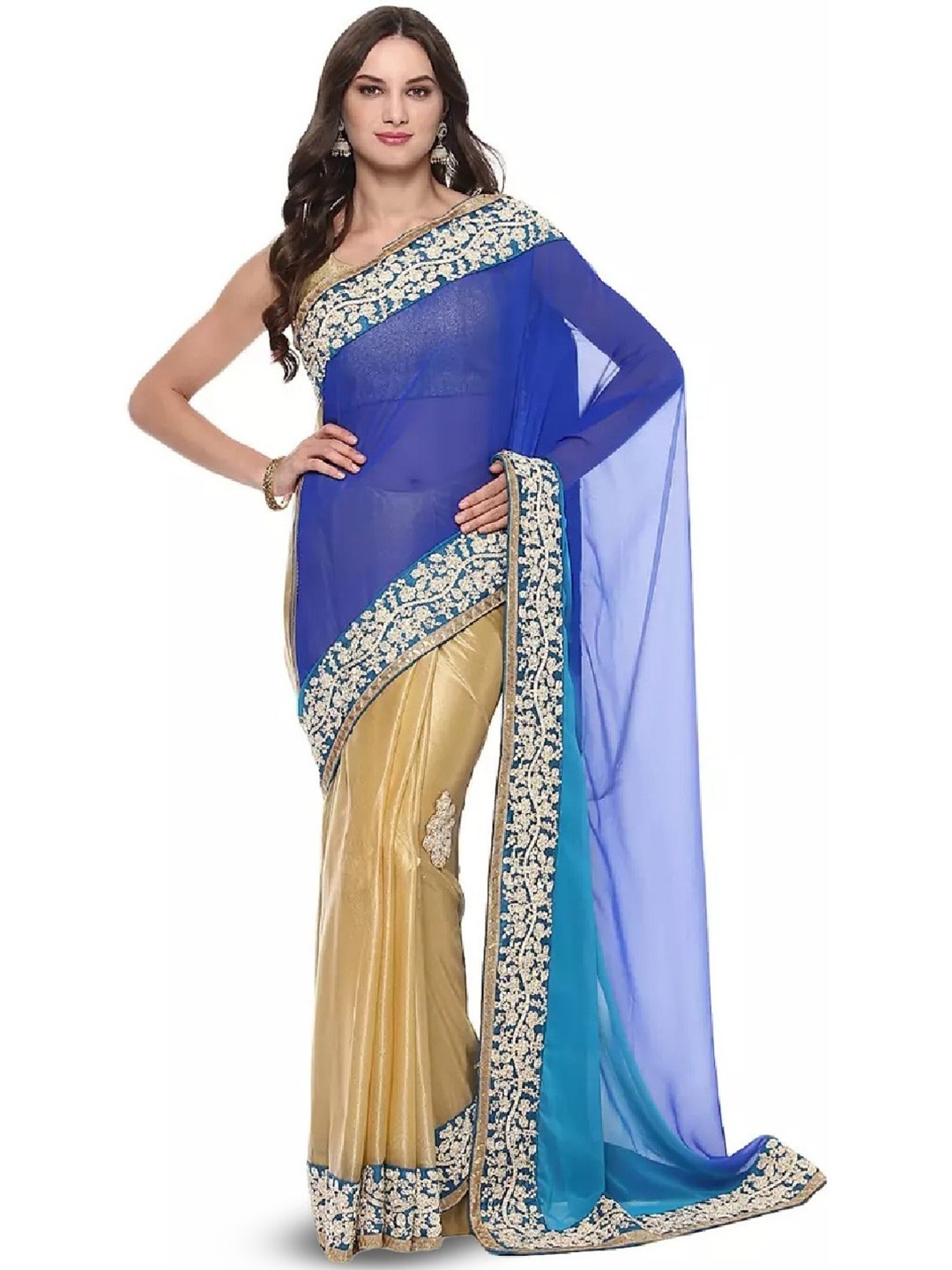 ROOP SUNDARI SAREES Floral Embroidered Georgette Saree, Beige