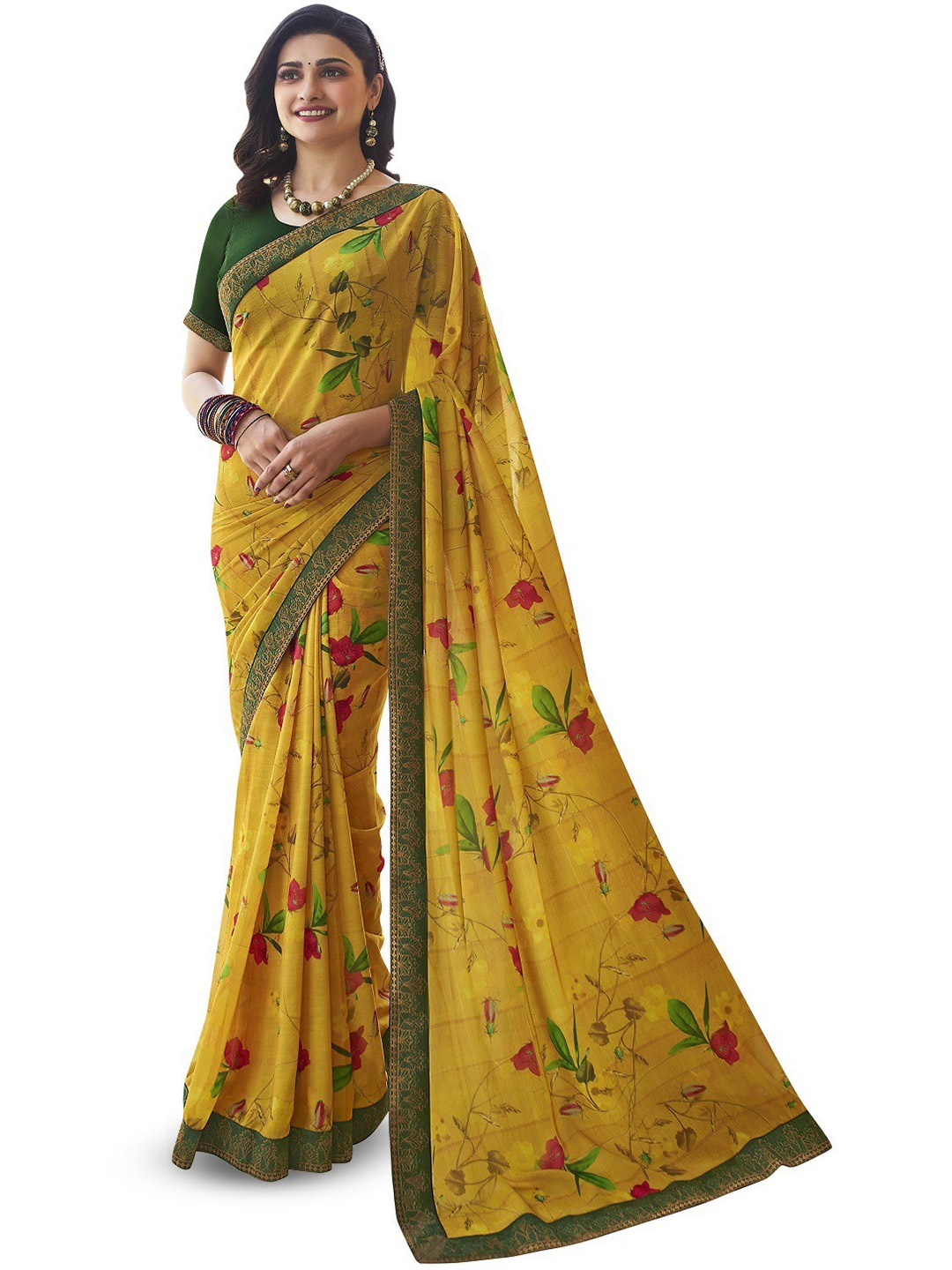 

ROOP SUNDARI SAREES Floral Printed Pure Georgette Saree, Yellow