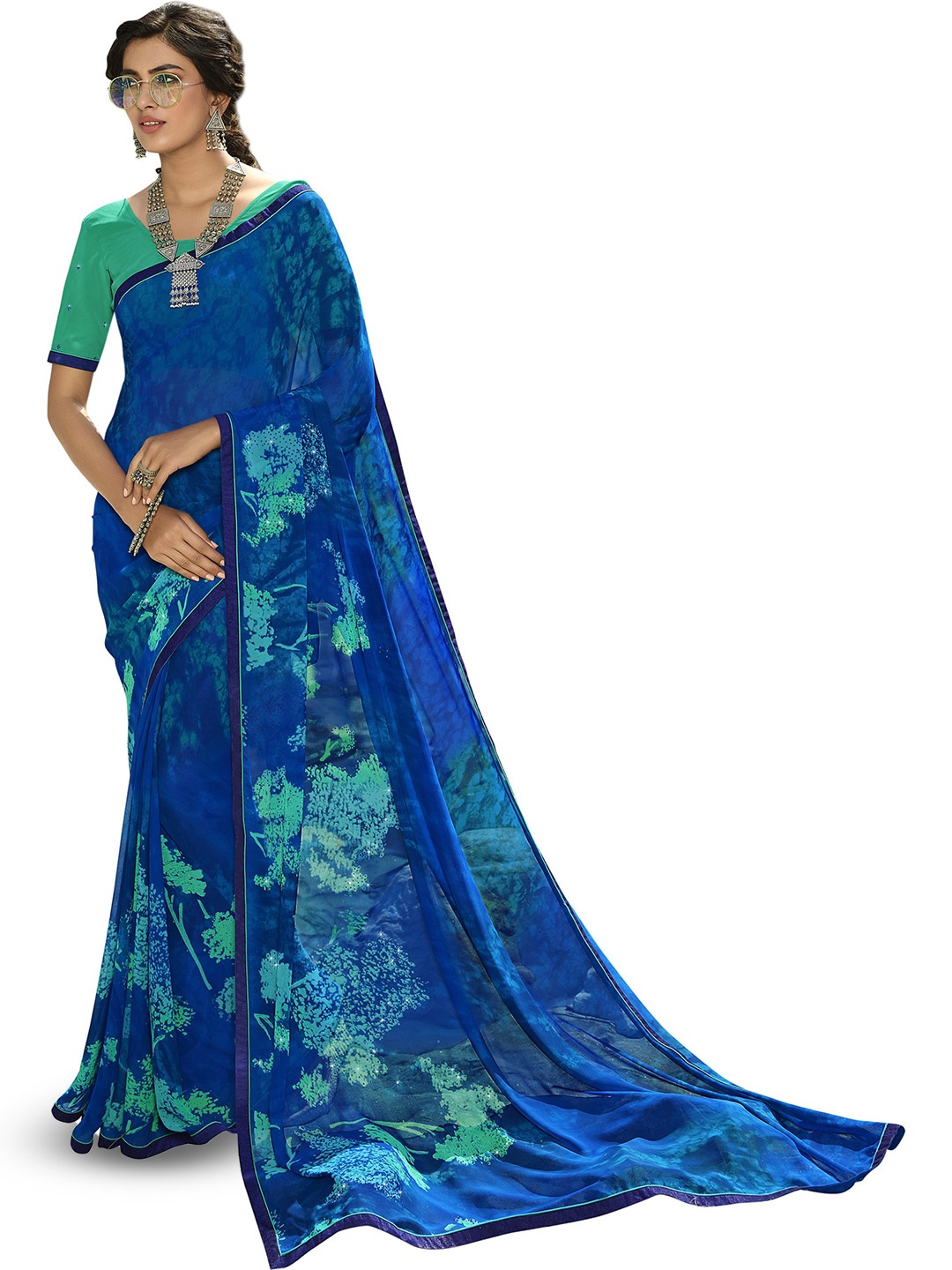 

ROOP SUNDARI SAREES Floral Printed Pure Georgette Saree, Blue