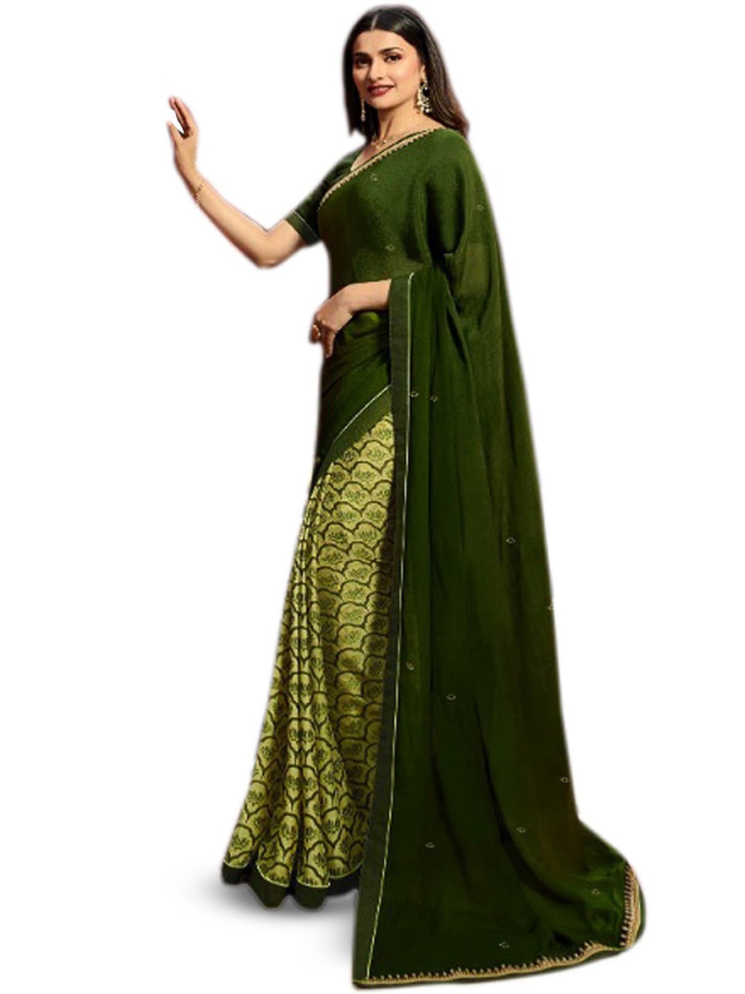 

ROOP SUNDARI SAREES Floral Printed Pure Silk Half and Half Saree, Green