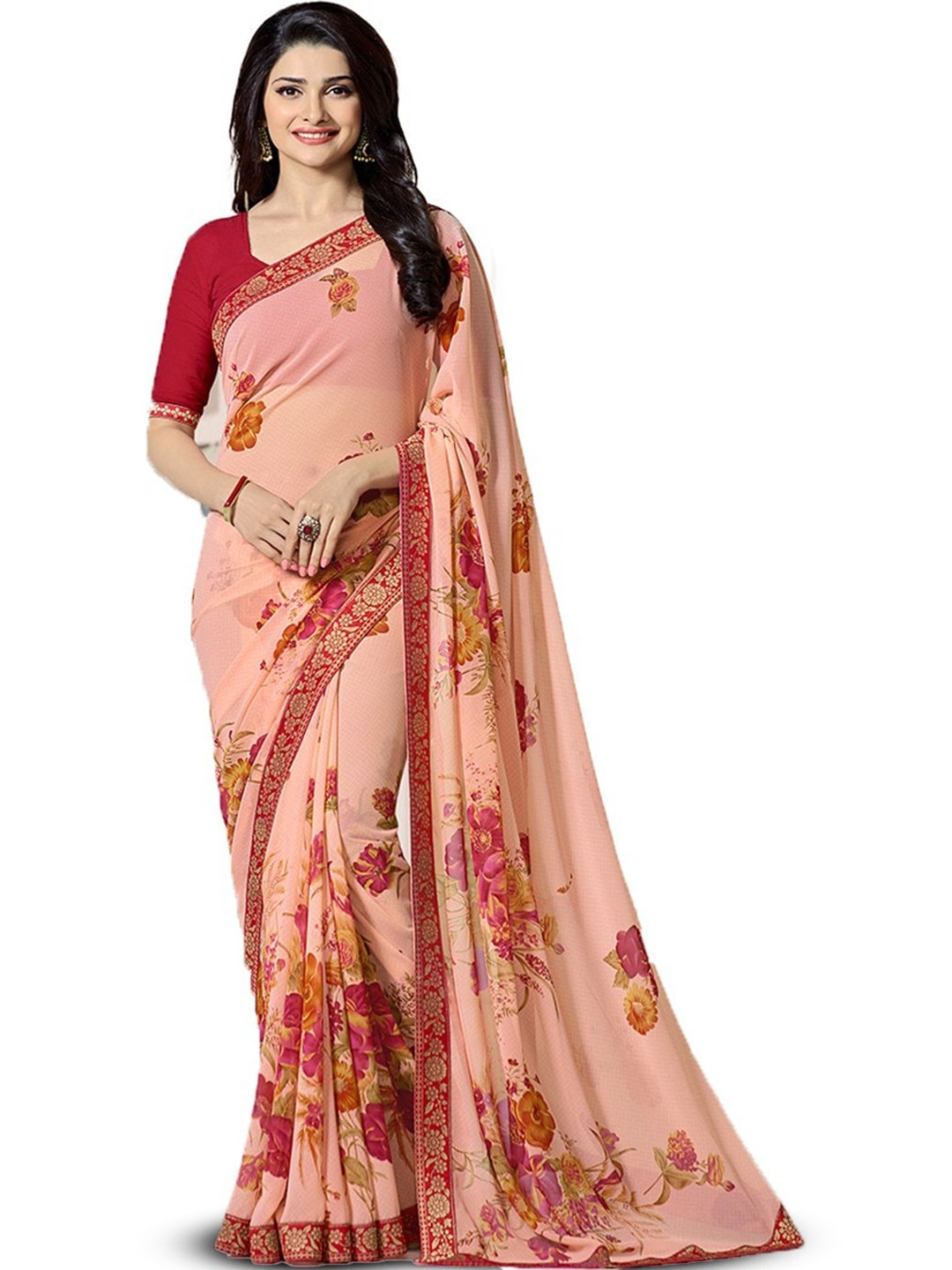 

ROOP SUNDARI SAREES Floral Printed Pure Georgette Saree, Orange