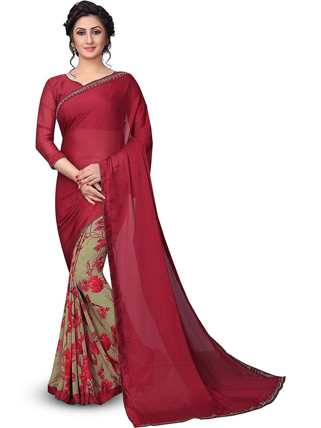 

ROOP SUNDARI SAREES Floral Pure Georgette Half and Half Saree, Maroon