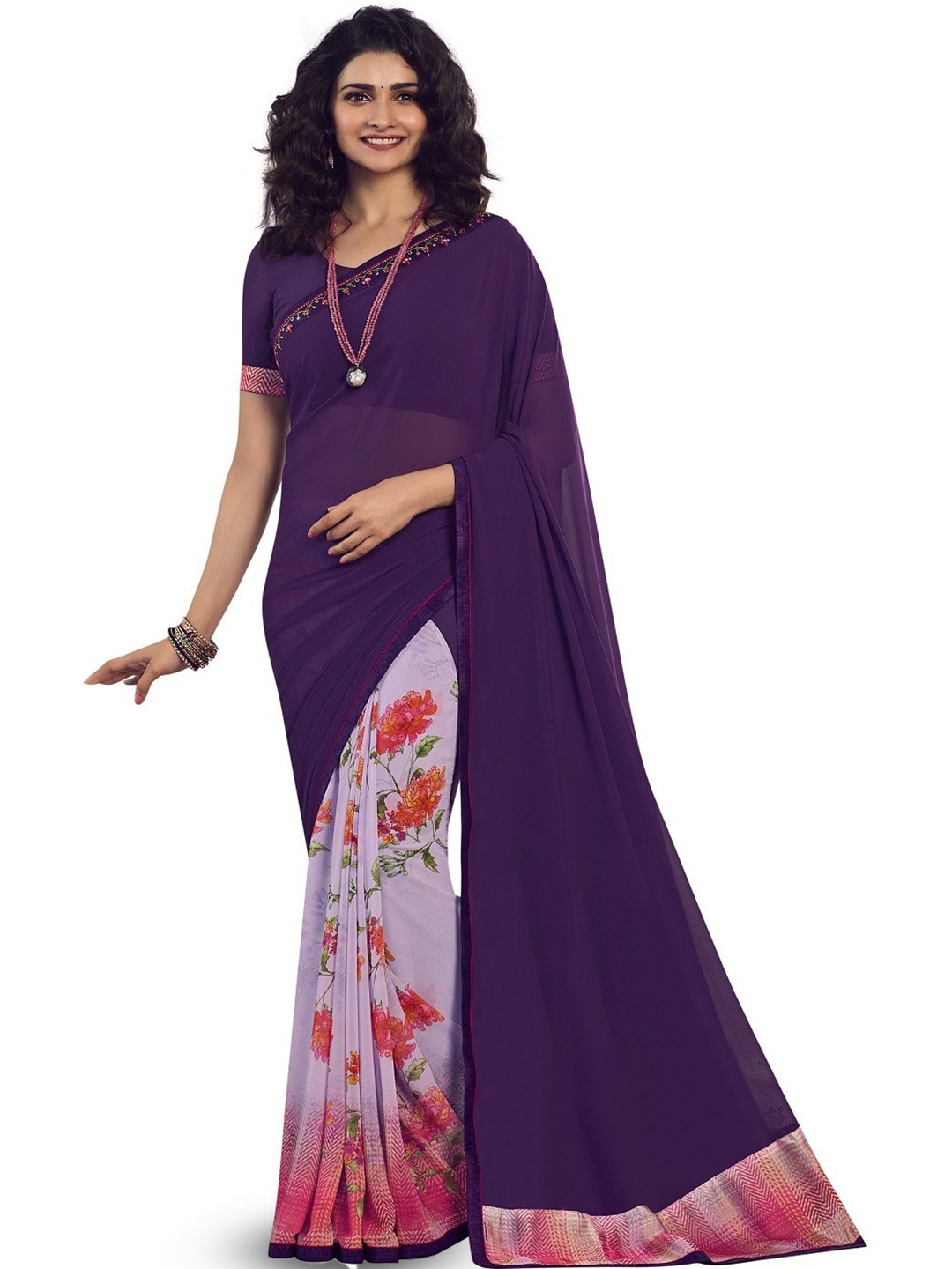 

ROOP SUNDARI SAREES Floral Pure Georgette Half and Half Saree, Purple