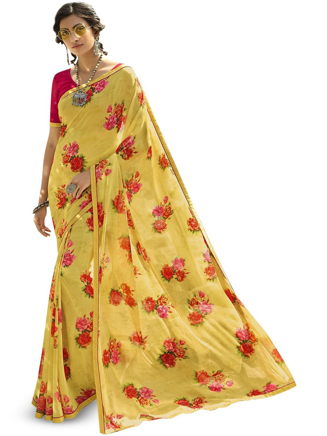 

ROOP SUNDARI SAREES Floral Printed Pure Georgette Saree, Yellow
