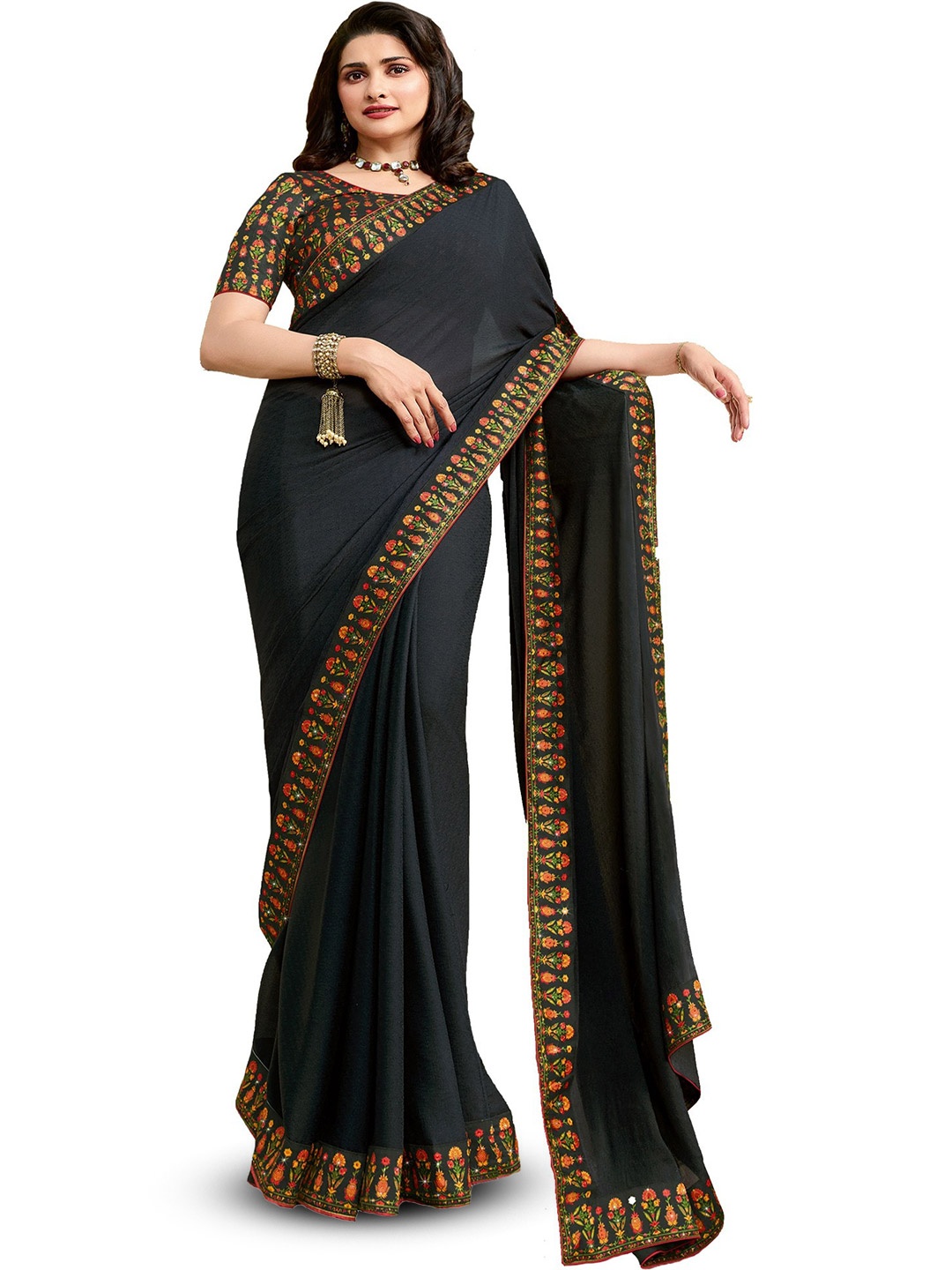 

ROOP SUNDARI SAREES Floral Printed Border Pure Georgette Saree, Black