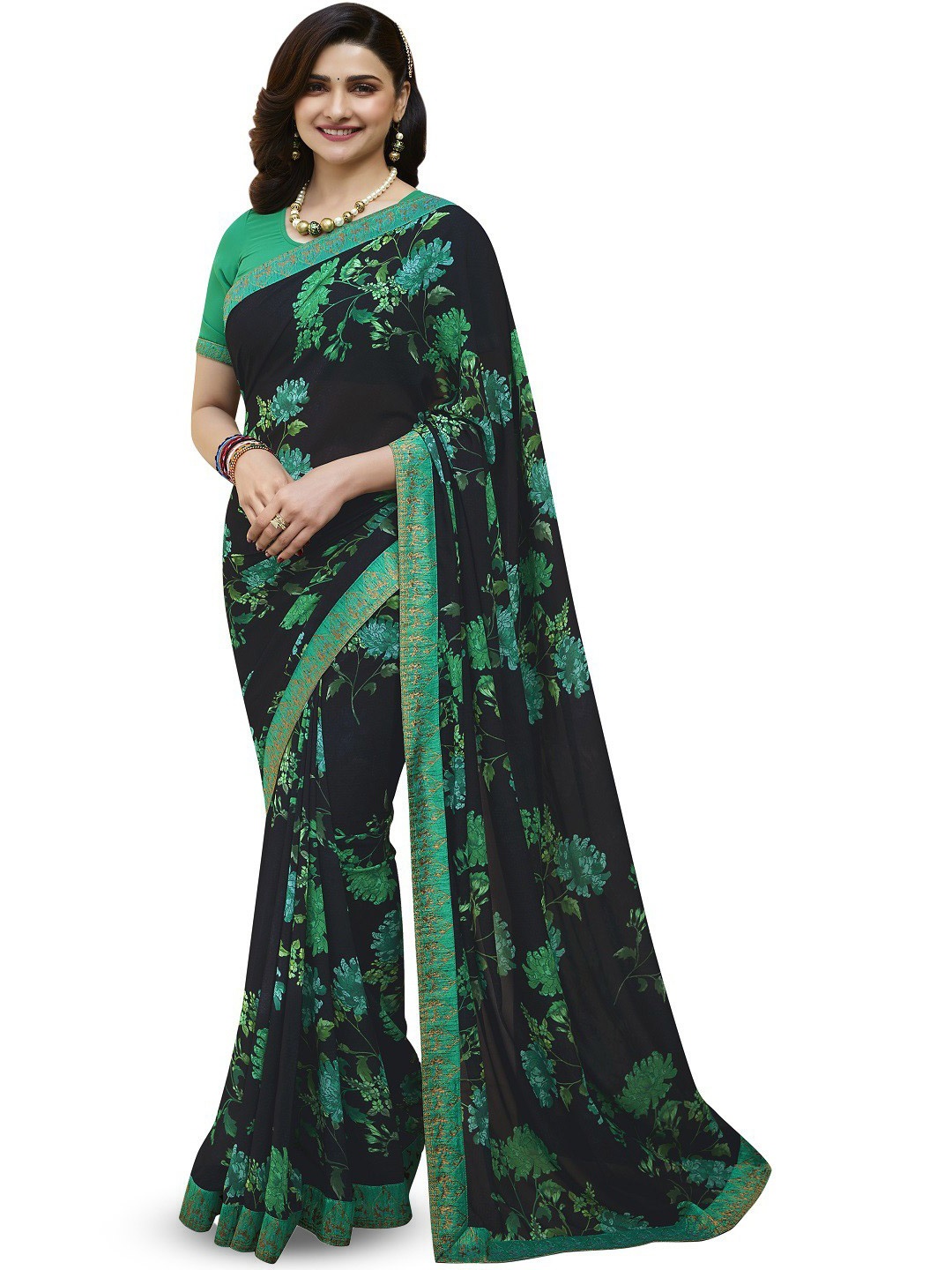 

ROOP SUNDARI SAREES Floral Printed Pure Georgette Saree, Blue