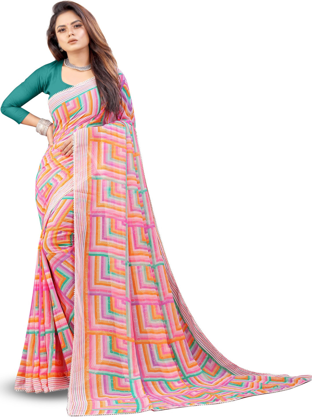 

ROOP SUNDARI SAREES Geometric Printed Pure Georgette Saree, Pink