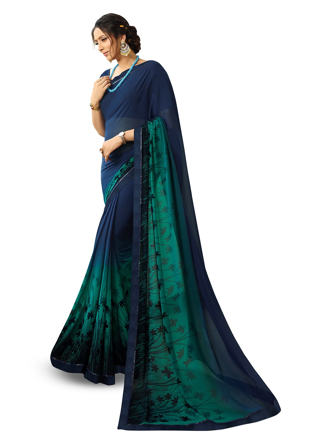

ROOP SUNDARI SAREES Floral Printed Pure Georgette Saree, Blue