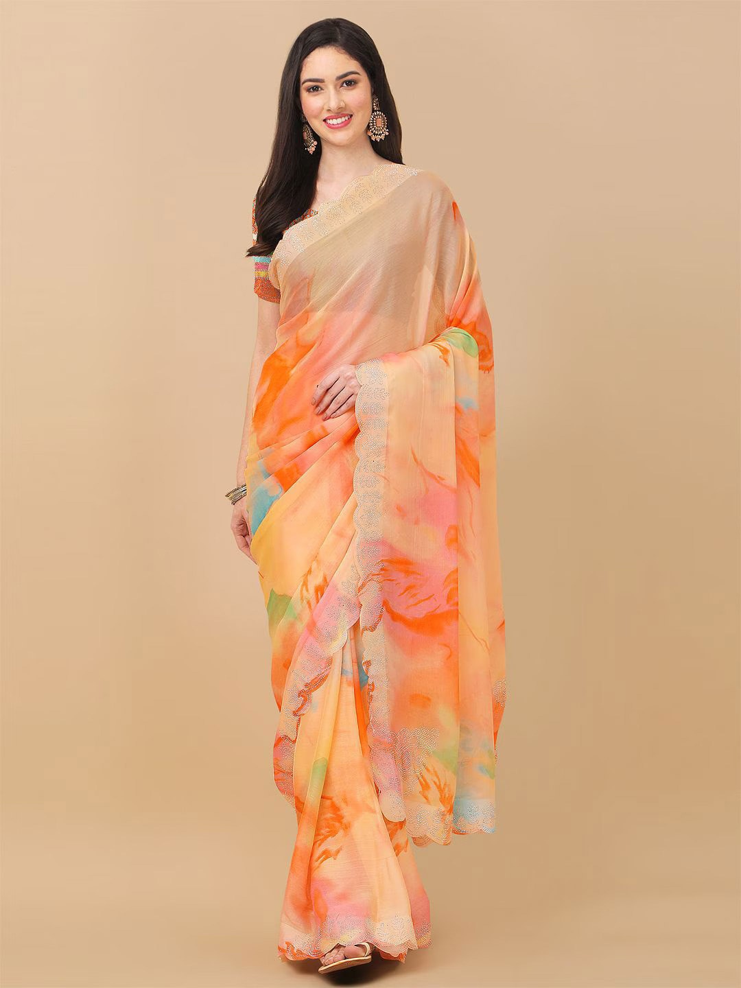 

ROOP SUNDARI SAREES Floral Printed Embellished Pure Chiffon Saree, Orange