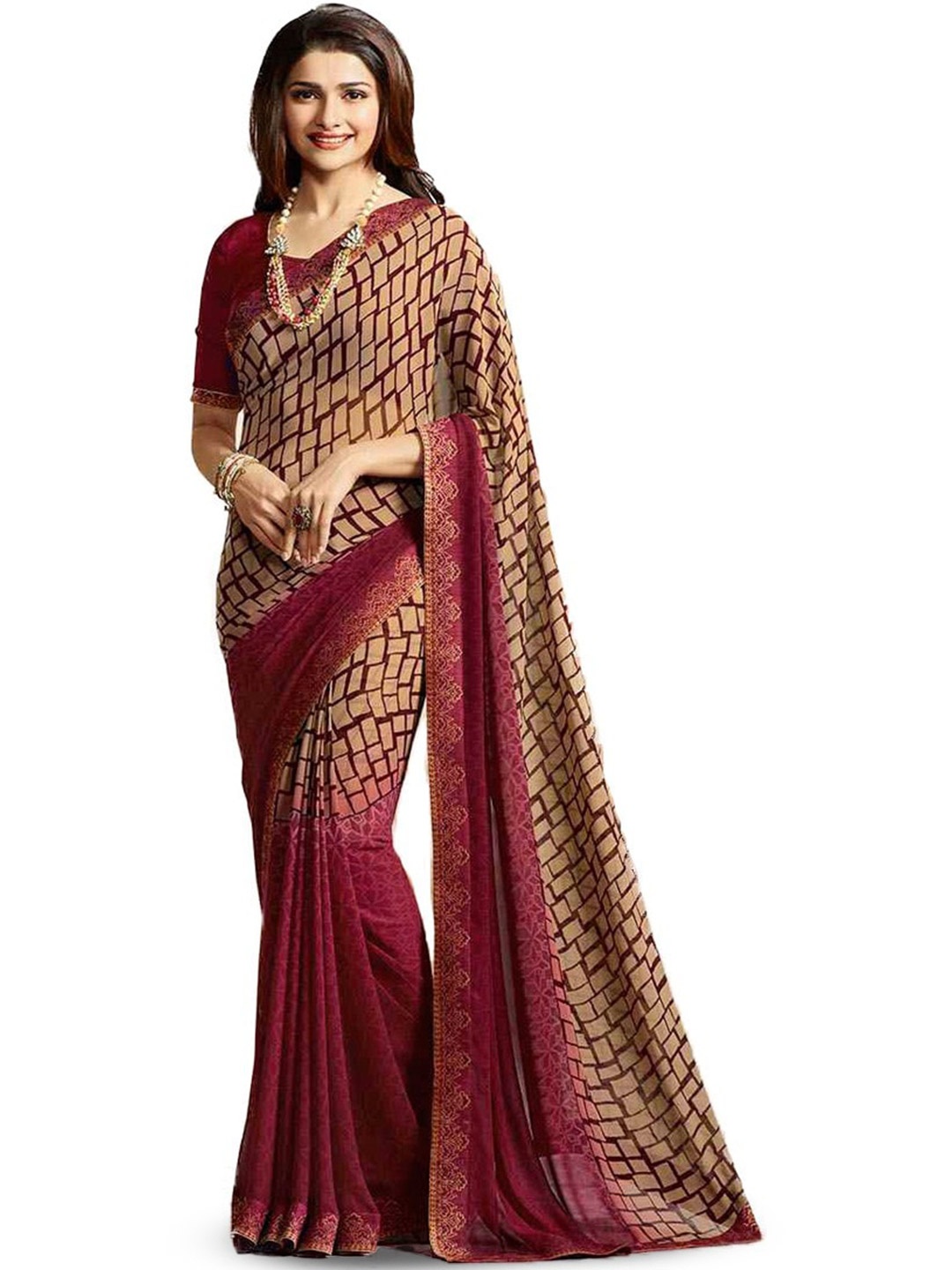 

ROOP SUNDARI SAREES Geometric Printed Pure Georgette Saree, Maroon
