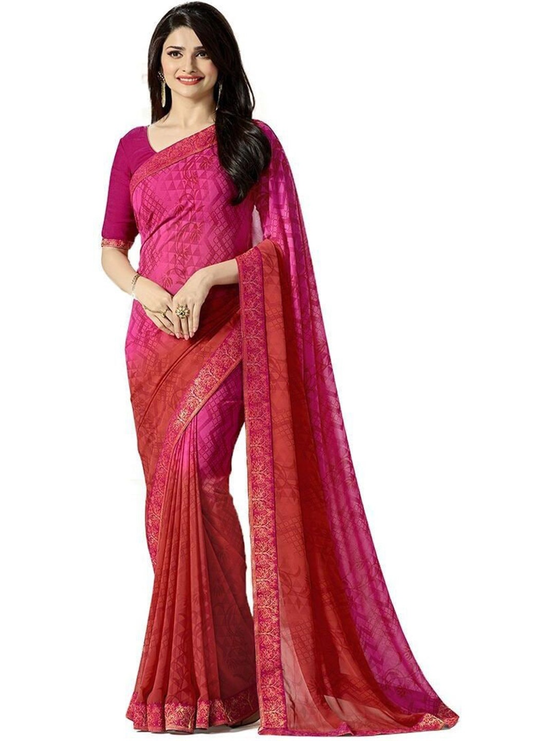 

ROOP SUNDARI SAREES Floral Printed Pure Georgette Saree, Pink