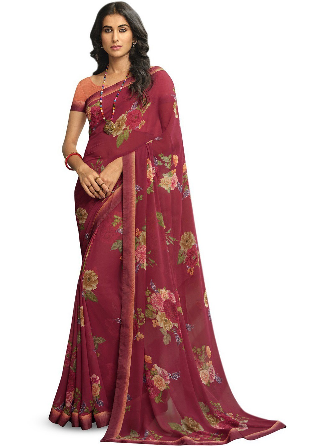 

ROOP SUNDARI SAREES Floral Printed Pure Georgette Saree, Maroon