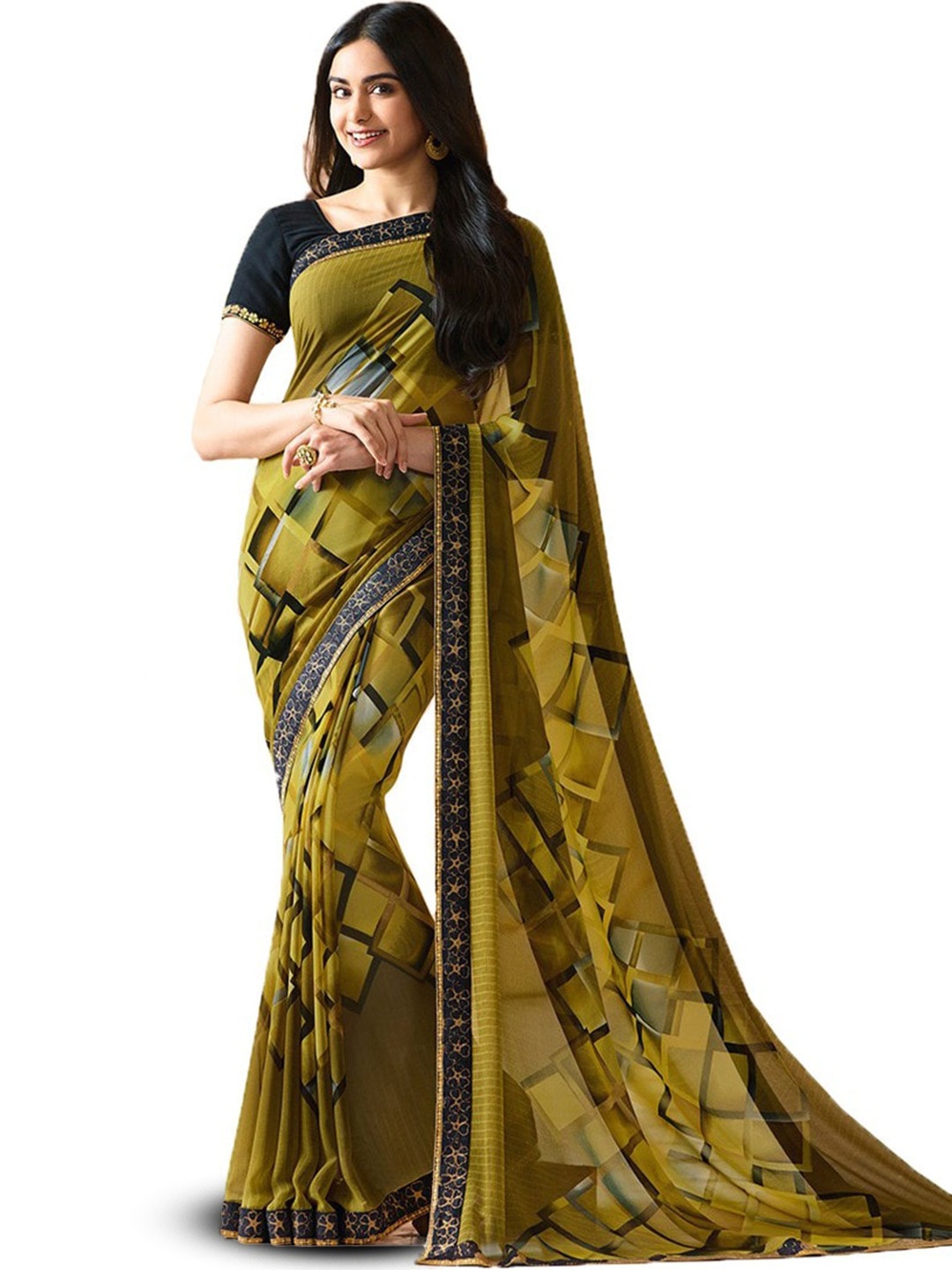 

ROOP SUNDARI SAREES Geometric Printed Pure Georgette Saree, Green