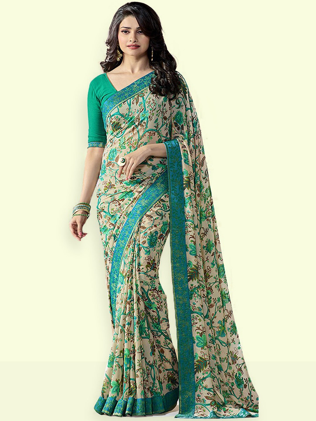 

ROOP SUNDARI SAREES Floral Printed Pure Georgette Saree, Green