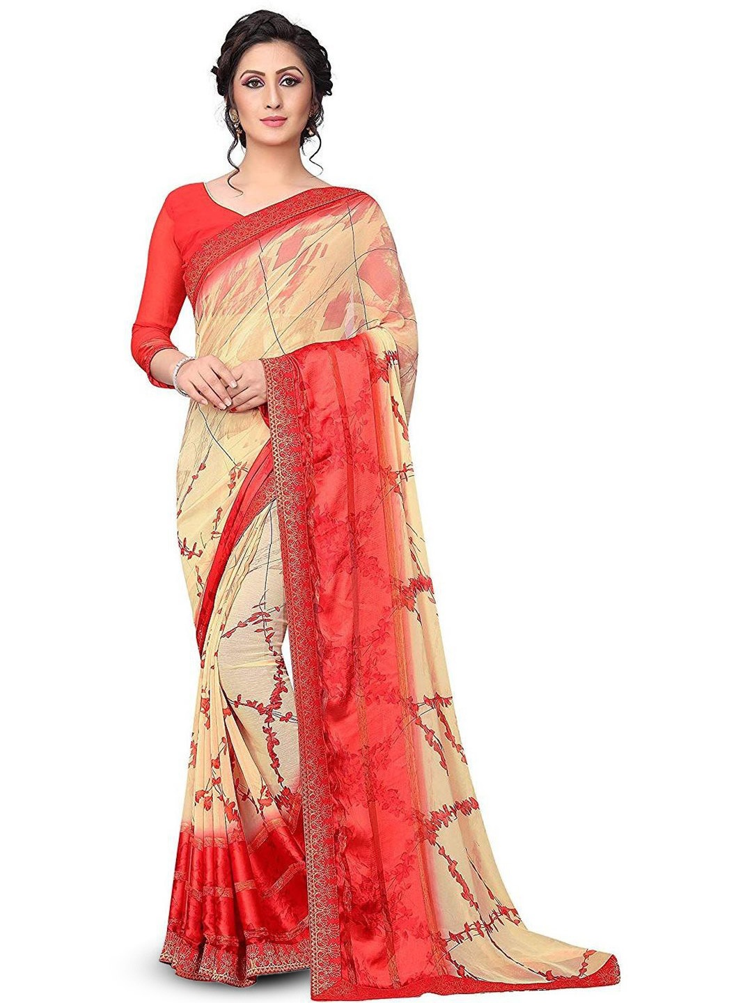

ROOP SUNDARI SAREES Floral Printed Woven Design Pure Georgette Saree, Cream