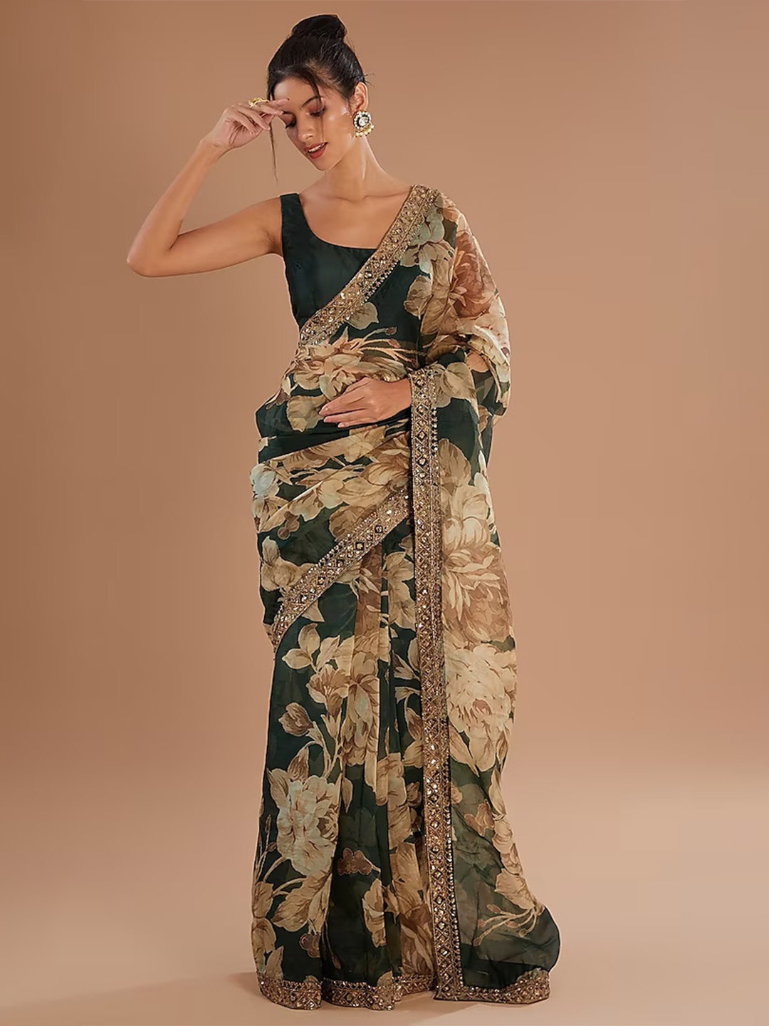 

ROOP SUNDARI SAREES Floral Printed Embroidered Organza Saree, Green