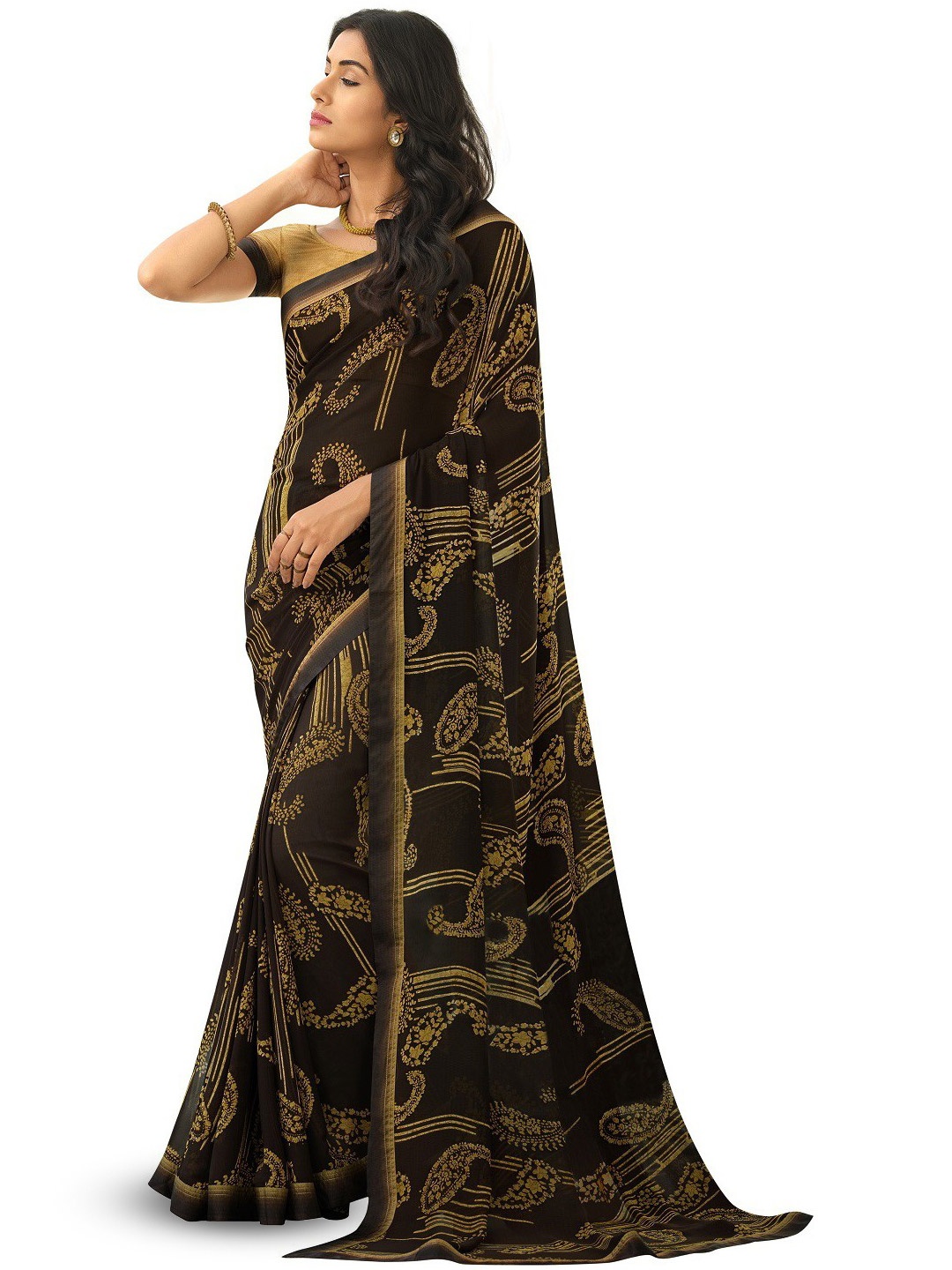 

ROOP SUNDARI SAREES Floral Print Pure Georgette Saree, Brown