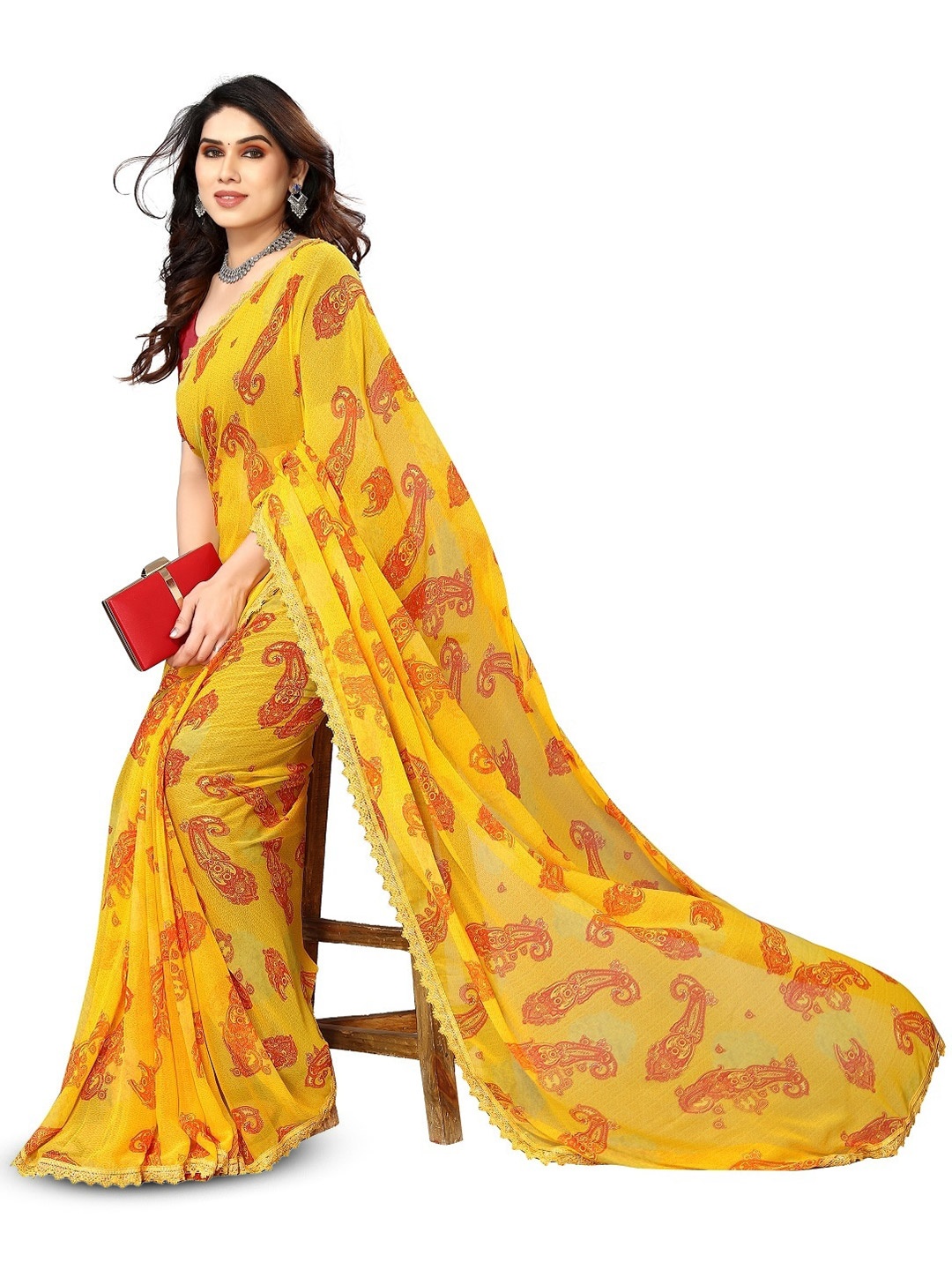 ROOP SUNDARI SAREES Floral Printed Pure Georgette Saree, Mustard