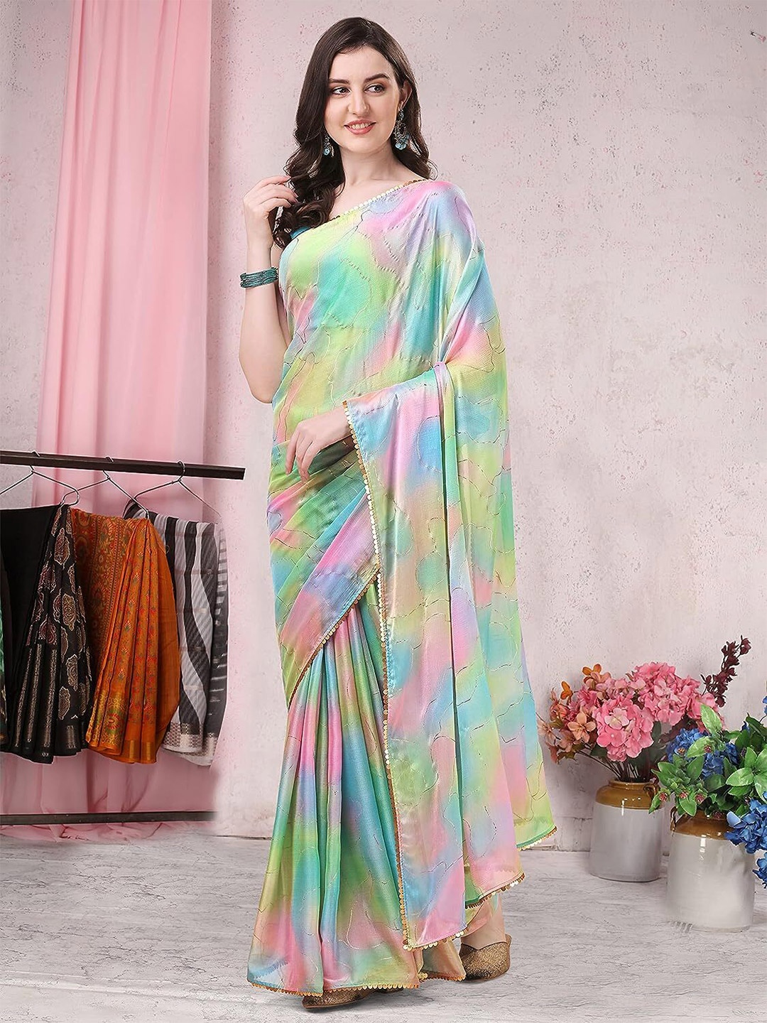 

ROOP SUNDARI SAREES Abstract Printed Pure Chiffon Saree, Green