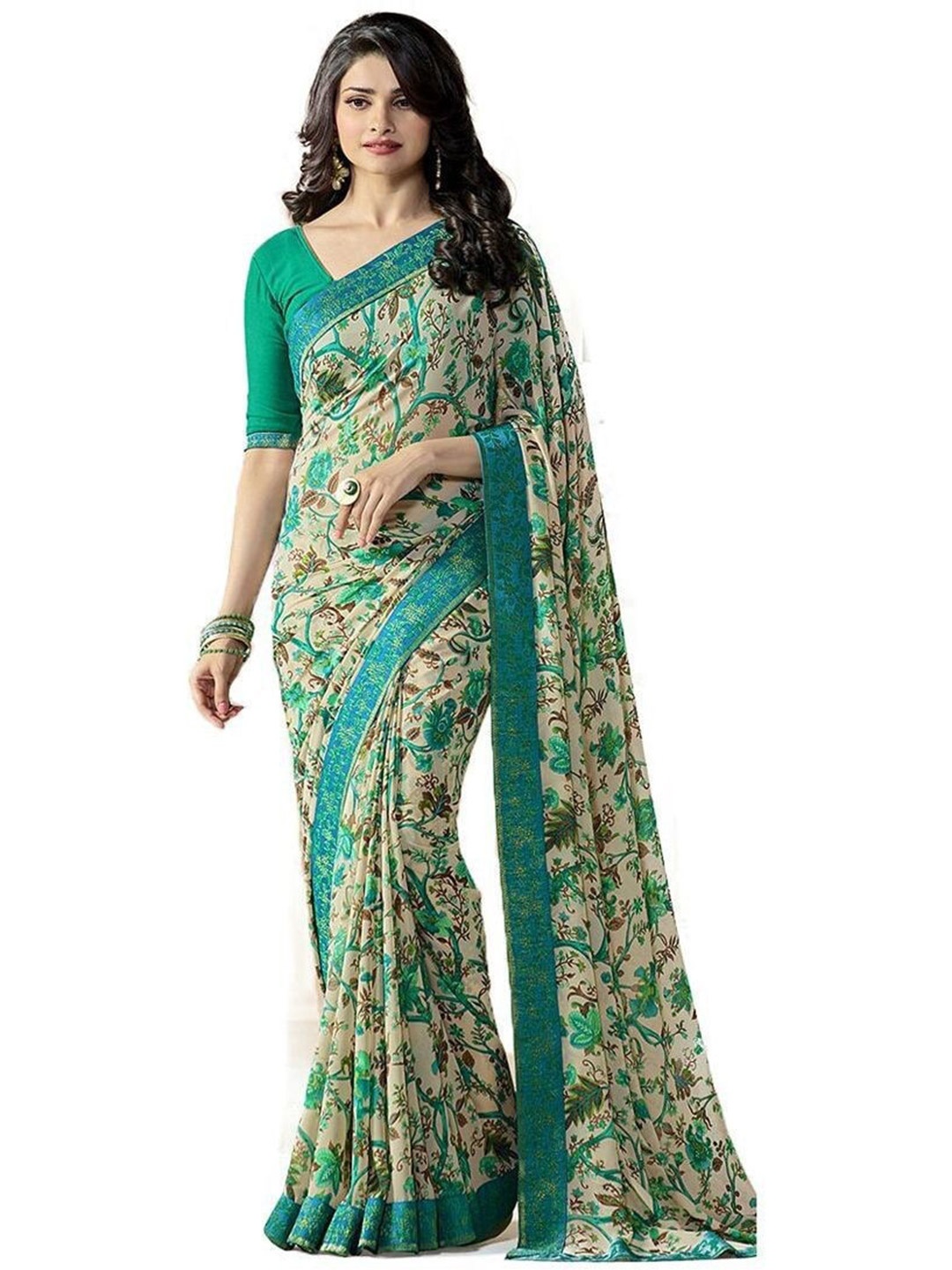 

ROOP SUNDARI SAREES Floral Printed Pure Georgette Saree, Green