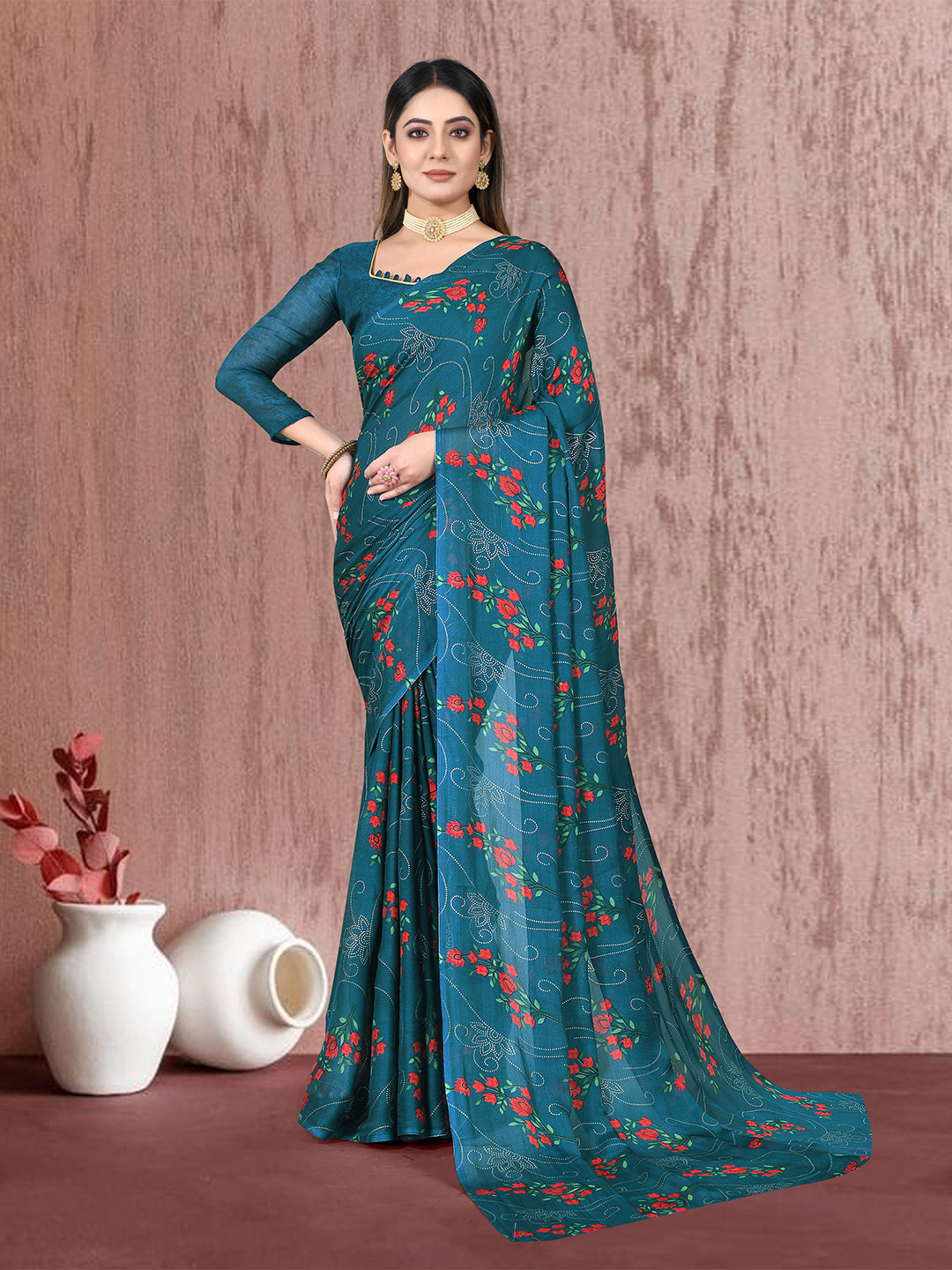 

ROOP SUNDARI SAREES Floral Printed Pure Chiffon Saree, Turquoise blue