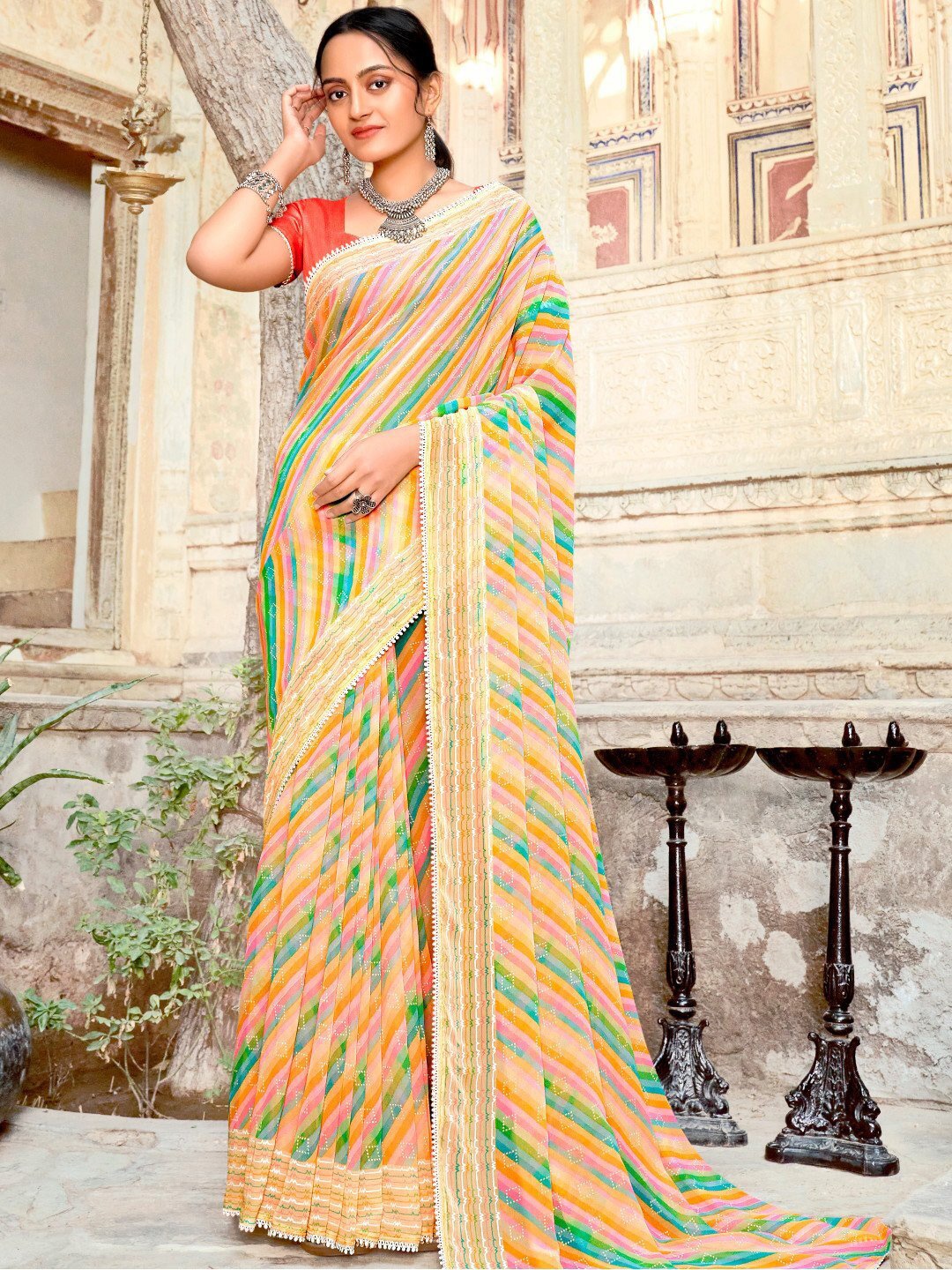 

ROOP SUNDARI SAREES Leheriya Printed Pure Georgette Saree, Yellow