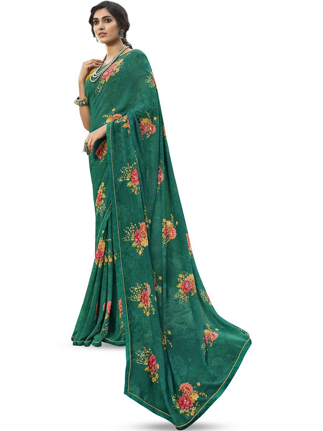 

ROOP SUNDARI SAREES Floral Printed Pure Georgette Saree, Green
