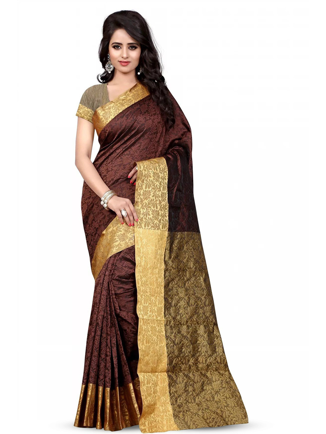 

ROOP SUNDARI SAREES Floral Woven Design Zari Saree, Brown