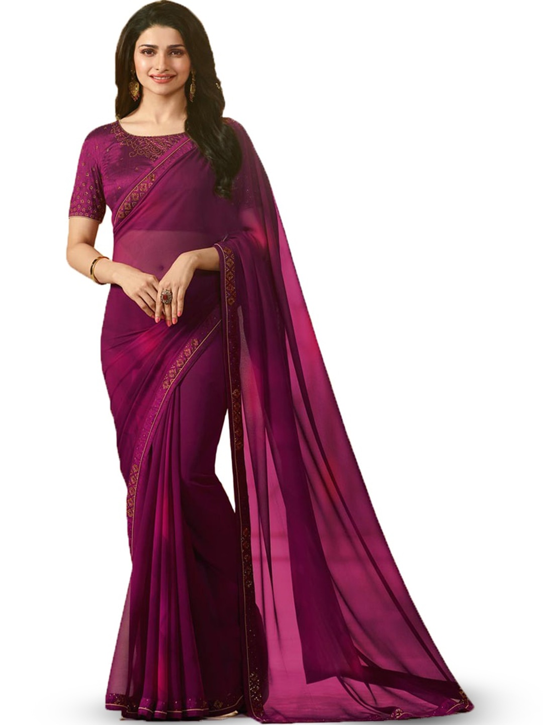 

ROOP SUNDARI SAREES Woven Design Pure Georgette Saree, Purple