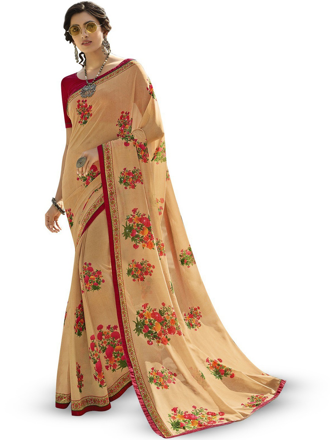 

ROOP SUNDARI SAREES Floral Printed Pure Georgette Saree, Beige