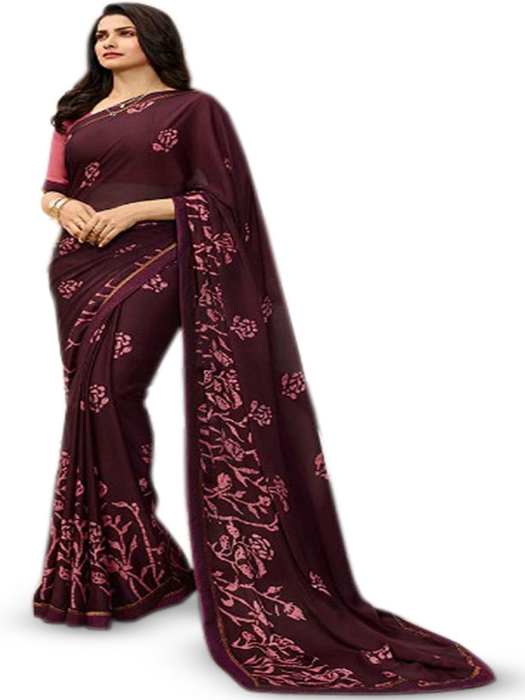 

ROOP SUNDARI SAREES Floral Printed Pure Silk Saree, Purple