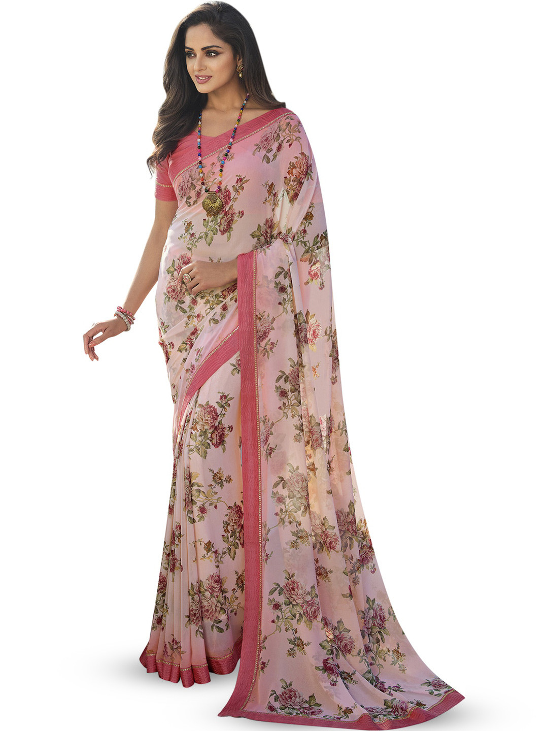 

ROOP SUNDARI SAREES Floral Printed Pure Georgette Saree, Pink