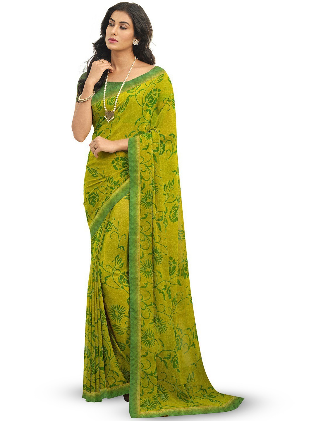 

ROOP SUNDARI SAREES Floral Printed Pure Georgette Saree, Green