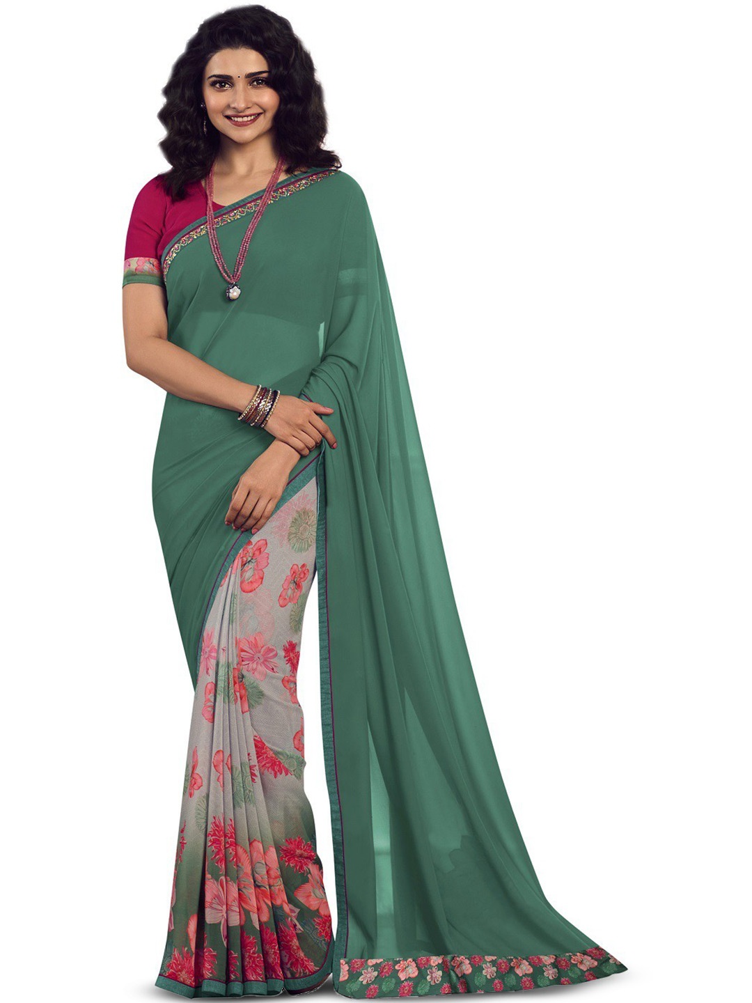 

ROOP SUNDARI SAREES Floral Pure Georgette Saree, Green