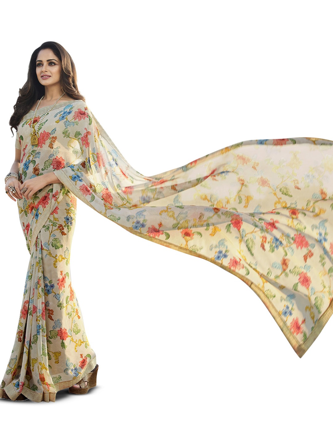 

ROOP SUNDARI SAREES Floral Printed Pure Georgette Saree, Beige