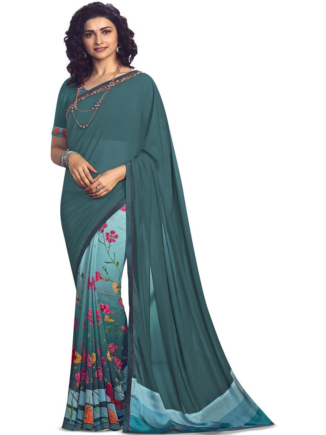 

ROOP SUNDARI SAREES Floral Printed Pure Georgette Saree, Blue