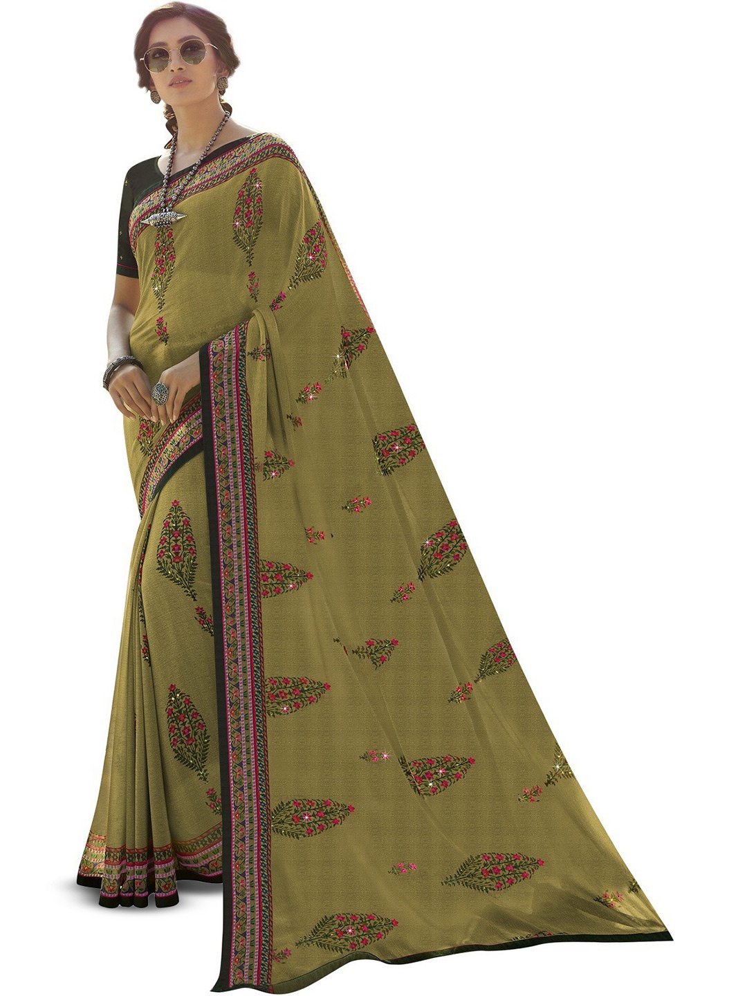

ROOP SUNDARI SAREES Floral Printed Pure Georgette Saree, Green