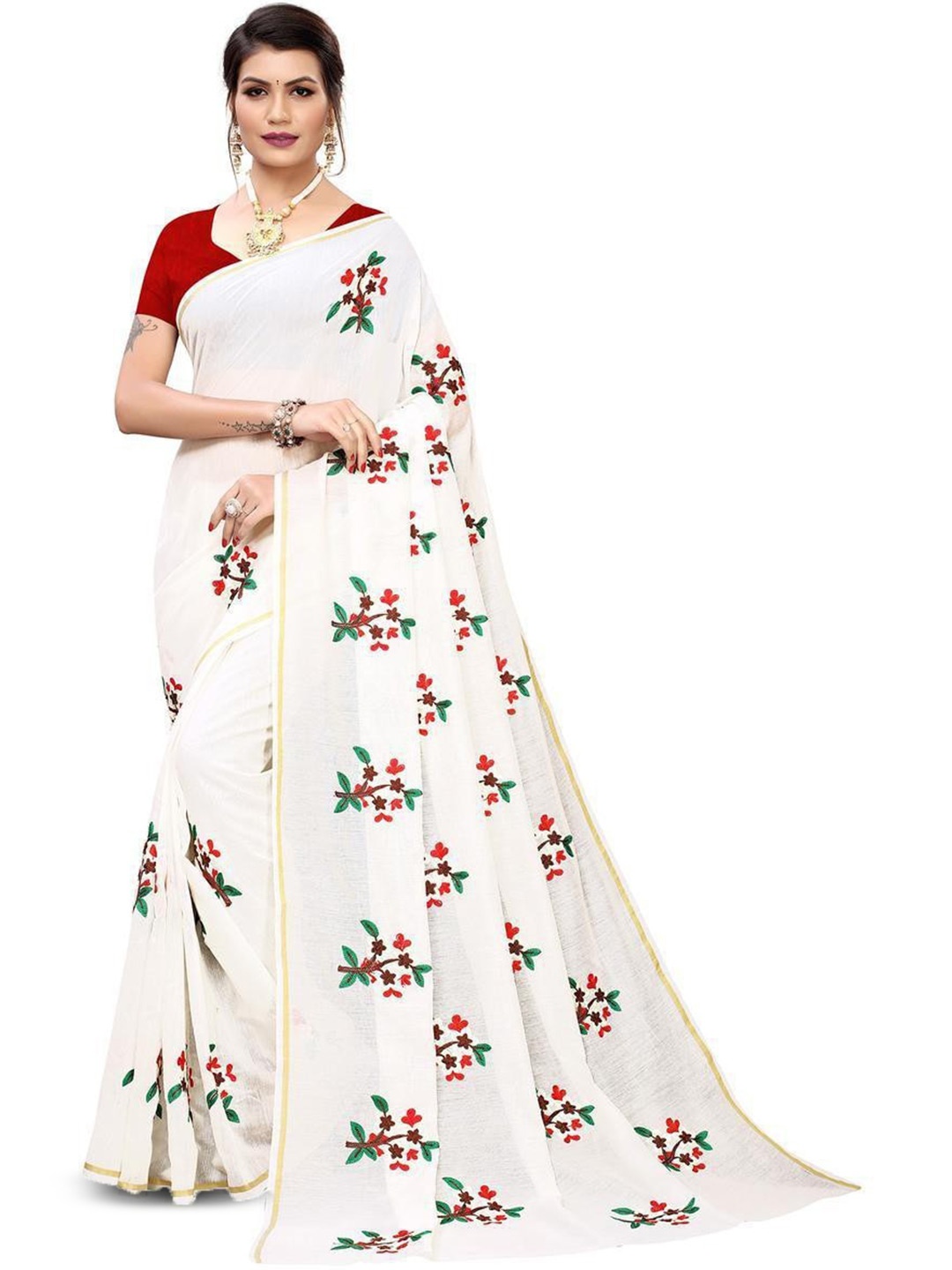 

ROOP SUNDARI SAREES Floral Printed Georgette Zari Saree, White