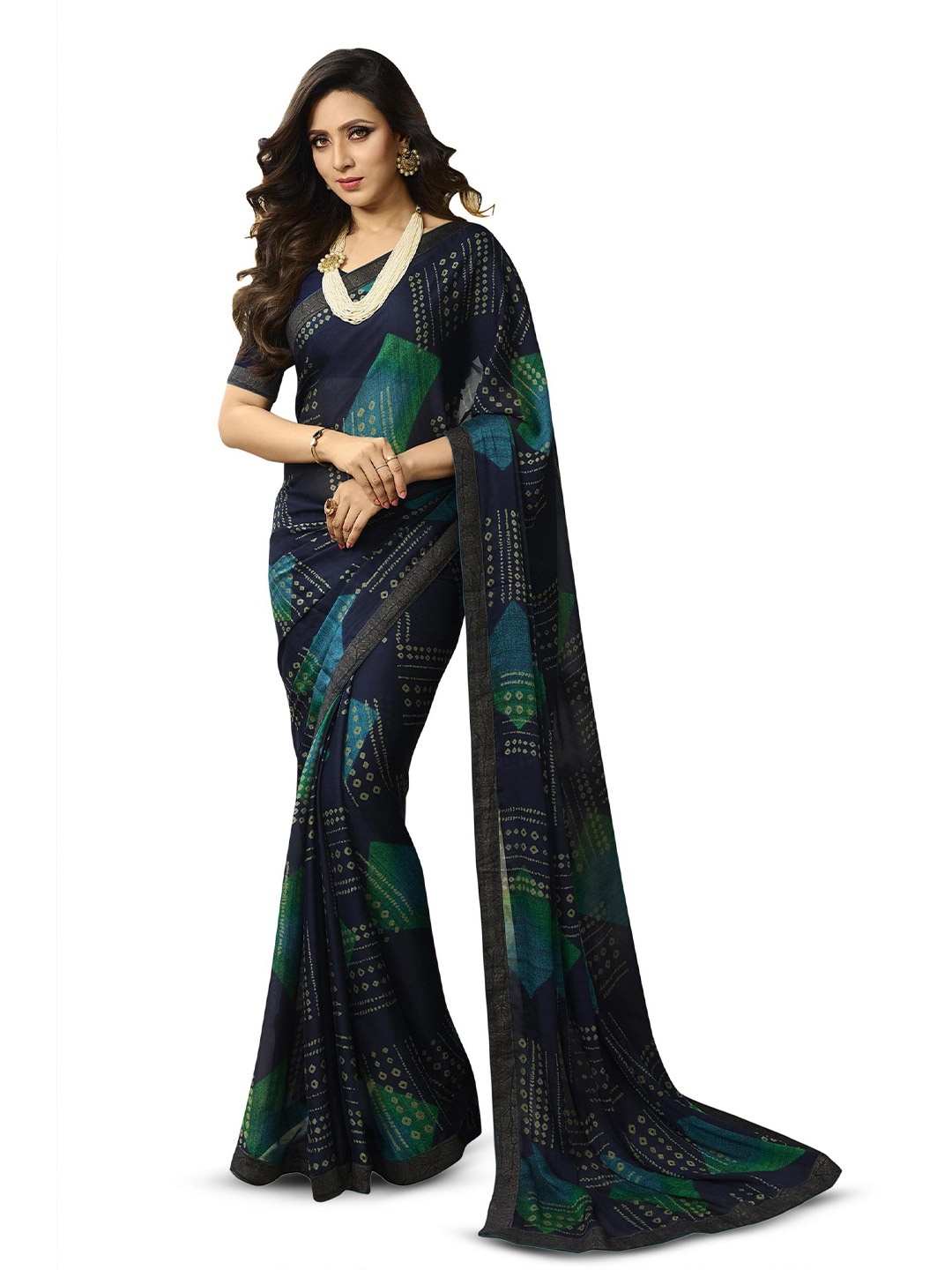 

ROOP SUNDARI SAREES Bandhani Printed Pure Silk Zari Saree, Blue