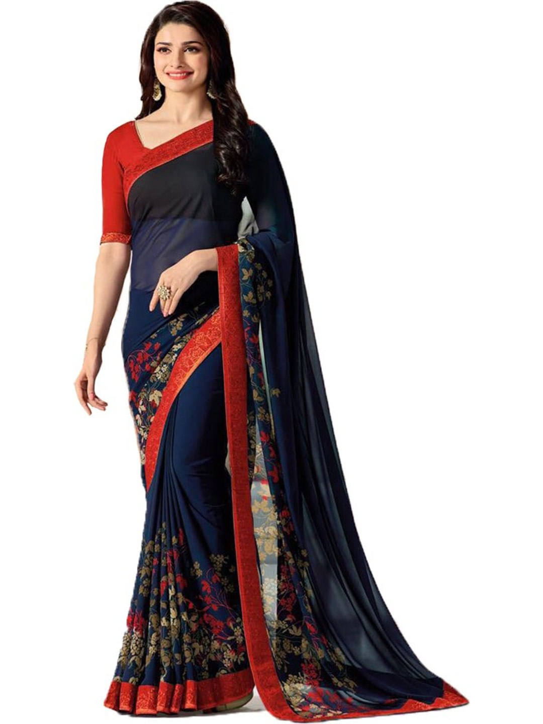 

ROOP SUNDARI SAREES Floral Printed Pure Georgette Saree, Blue