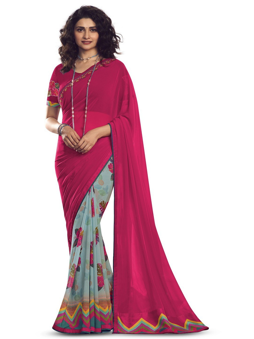 

ROOP SUNDARI SAREES Floral Printed Pure Georgette Saree, Pink