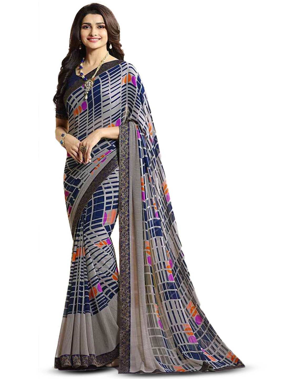 

ROOP SUNDARI SAREES Geometric Printed Woven Design Zari Pure Georgette Saree, Blue