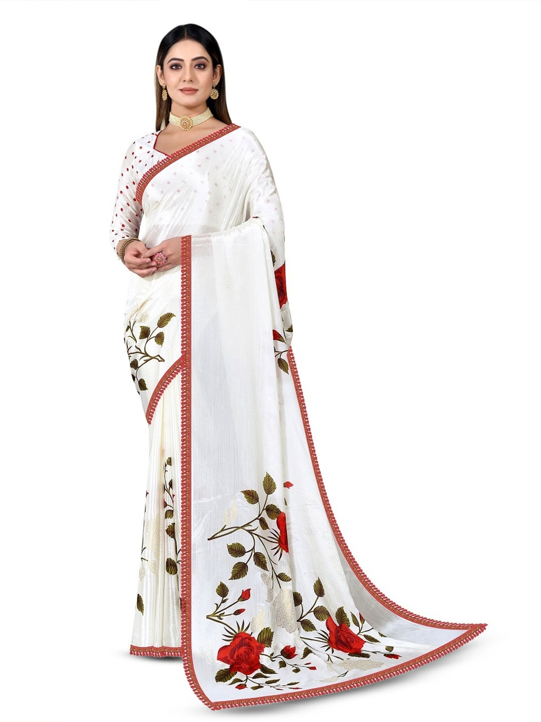 

ROOP SUNDARI SAREES Floral Printed Pure Georgette Saree, White