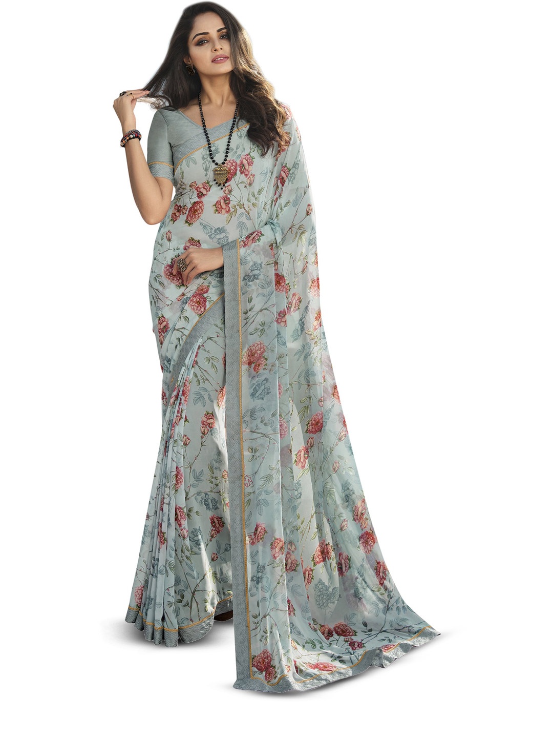 

ROOP SUNDARI SAREES Floral Printed Pure Georgette Saree, Blue