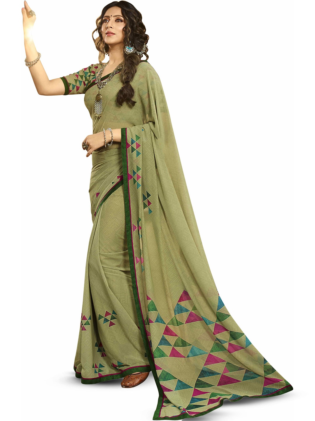 

ROOP SUNDARI SAREES Geometric Printed Pure Georgette Saree, Green
