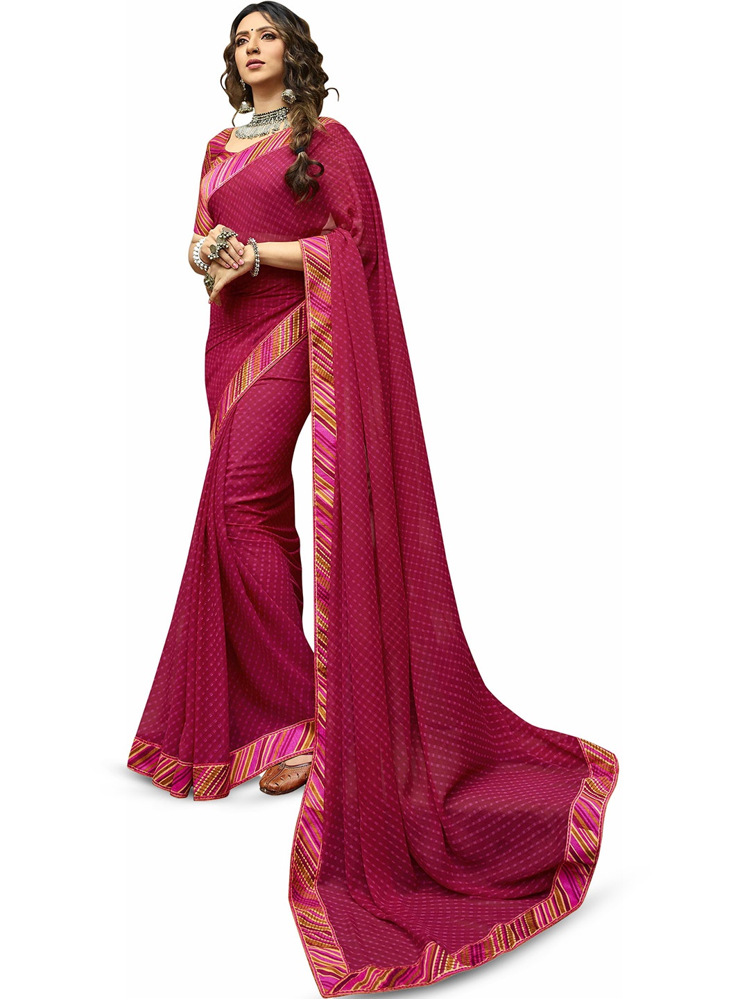 

ROOP SUNDARI SAREES Geometric Printed Pure Georgette Saree, Pink
