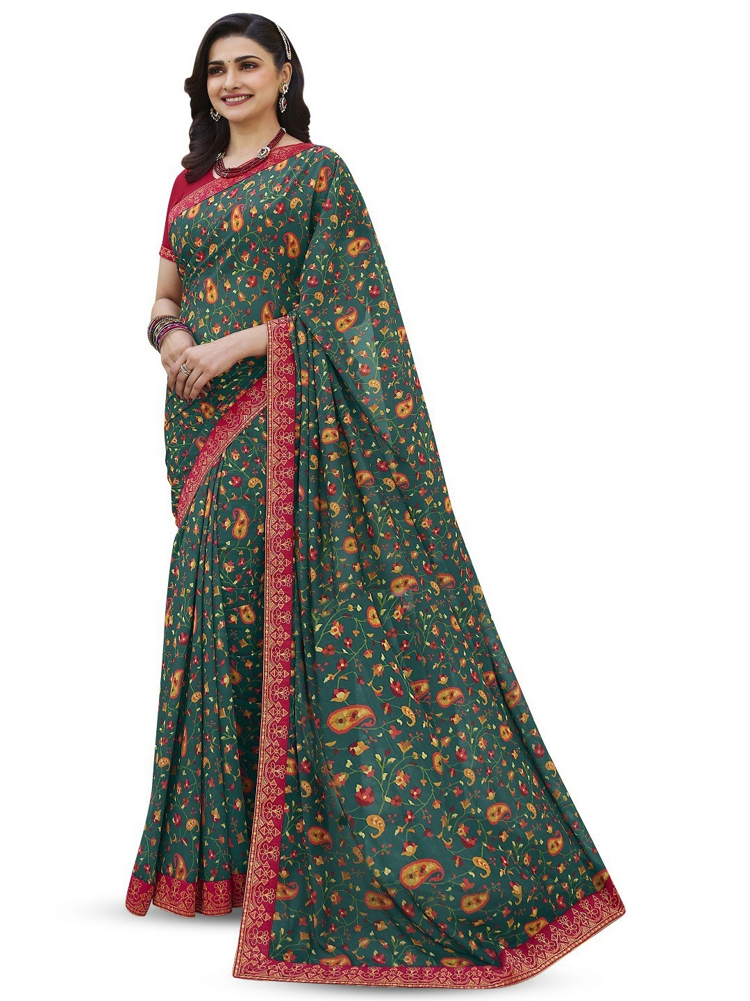 

ROOP SUNDARI SAREES Floral Print Zari Pure Georgette Saree, Green