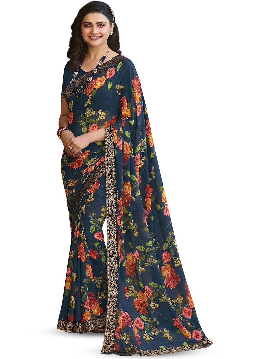 

ROOP SUNDARI SAREES Floral Print Pure Georgette Saree, Blue